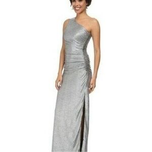 Laundry By Shelli Segal Metallic Silver One Shoulder Gown Long Dress PROM